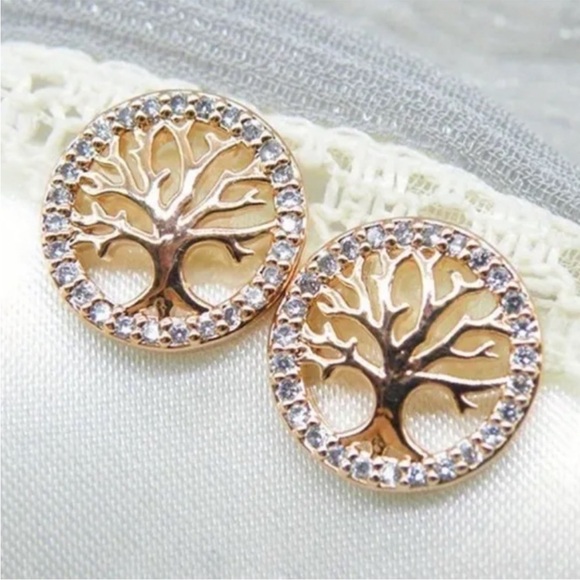 Jewelry - Elegant Rose Gold Tree of Life Stud Earrings with Clear Crystals